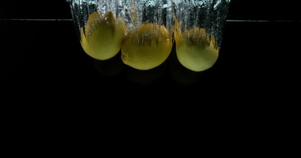Gelbe Zitronen, Zitruslimonum, ins Wasser fallende Früchte vor schwarzem Hintergrund, Zeitlupe 4k — Stockvideo