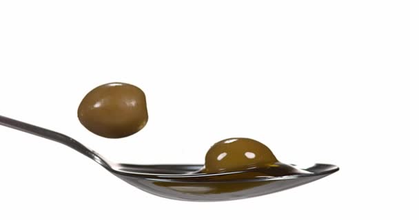 Olives Falling into Olive Oil — Stock Video