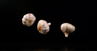 Sarımsak, allium savitum, Kara Arkaplan 'a karşı düşüş, Ağır çekim 4k