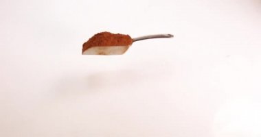 Nutmeg, Myristica parçaları, Beyaz Arkaplan 'a düşen toz, Yavaş Hareket 4k