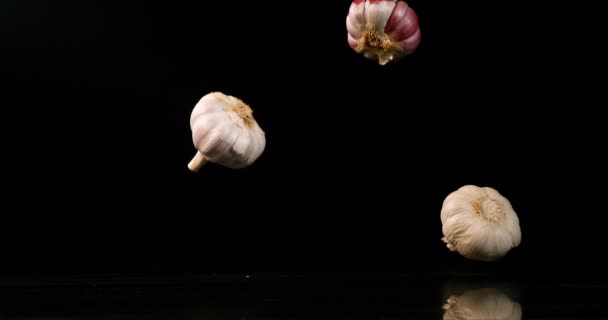 Aglio Allium Savitum Caduta Sfondo Nero Slow Motion — Video Stock