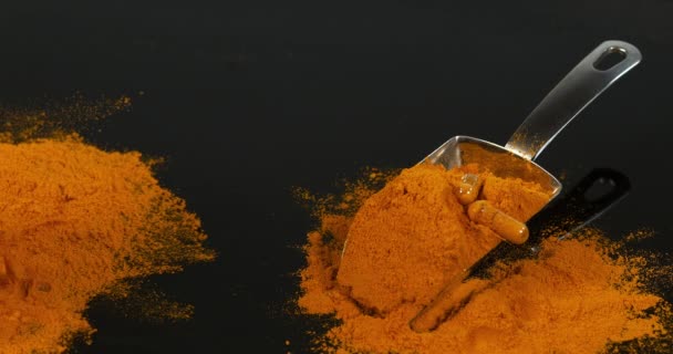 Turmeric Curcuma Longa Powder Falling Black Background Indian Spice Slow — Stock Video