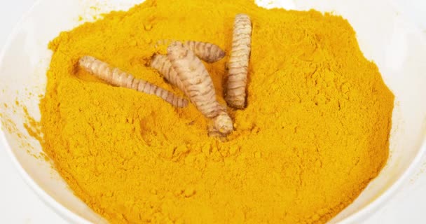 Cúrcuma Curcuma Longa Raíz Que Cae Polvo Curcuma Especia India — Vídeos de Stock