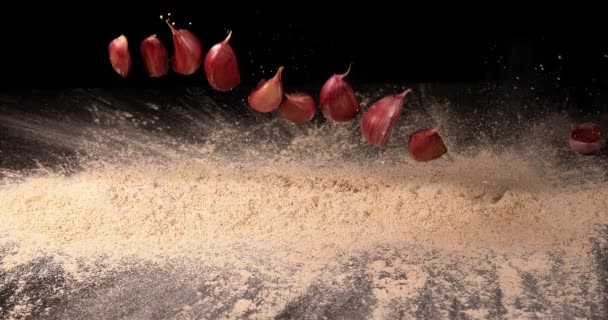 Knoflook Allium Savitum Knoflookpionnen Die Vallen Knoflookpoeder Zwarte Achtergrond Slow — Stockvideo