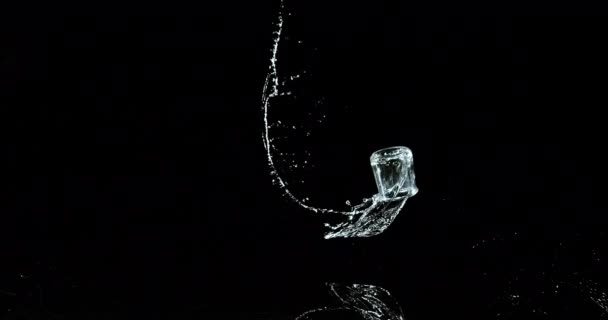 Glas Wasser Hüpft Und Plätschert Auf Schwarzem Hintergrund Zeitlupe — Stockvideo