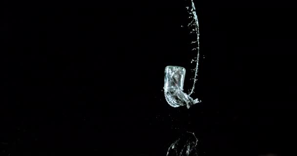 Vaso Rebote Agua Salpicaduras Sobre Fondo Negro Cámara Lenta — Vídeos de Stock