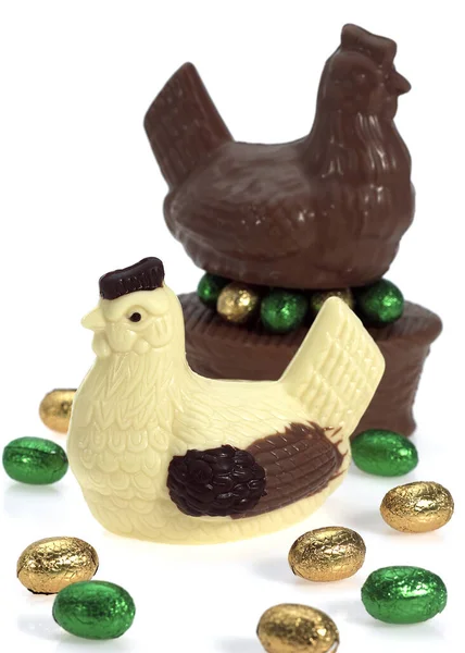Gallina Chocolate Huevos Para Pascua Contra Fondo Blanco — Foto de Stock