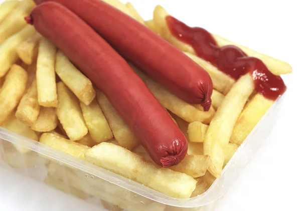 Korv Och Pommes Frites Med Ketchup Mot Vit Bakgrund — Stockfoto
