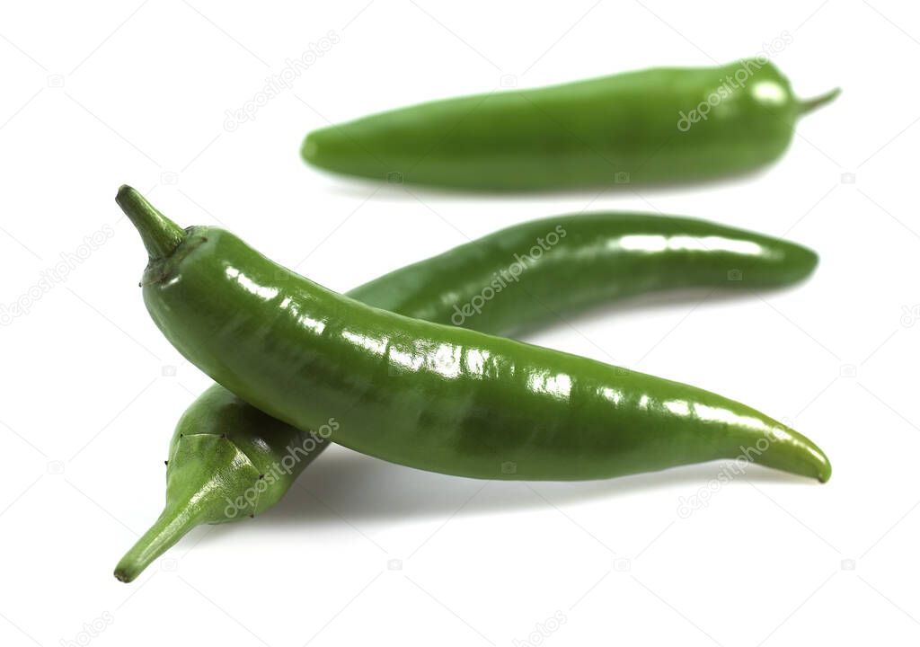Green Chili Pepper, capsicum annuum against White Background  