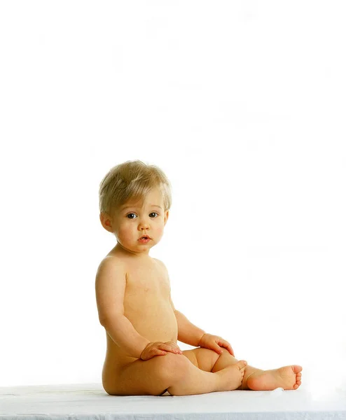 Baby Girl Sitting White Background — 스톡 사진