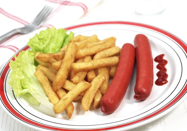 Plate Sausage French Fries — Stockfoto