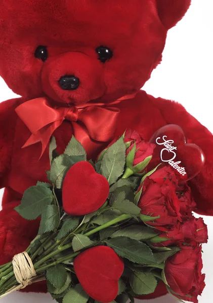 Teddy Bear Red Roses Saint Valentine Day — Stock Photo, Image