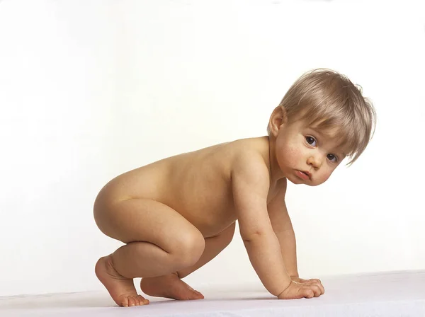 Naked Little Girl Standing White Background — 스톡 사진
