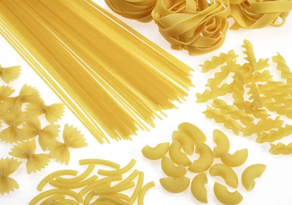 Différentes Variétés Pâtes Spaghettis Coquilles Pâtes Macaronis Tagliatelles Pâtes Torsadées — Photo