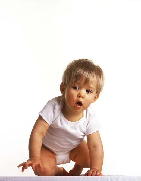 Little Girl Sitting White Background — стокове фото