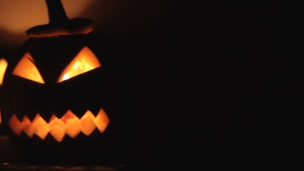 Grupp av glödande pumpkins på natten — Stockvideo