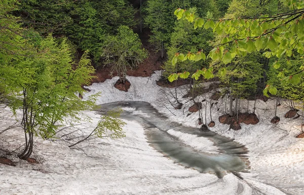 Lindo pequeno lago de montanha gelado em forma de oito na primavera — Fotografia de Stock