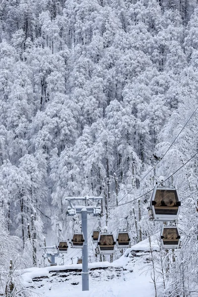 Cableway cabin lift on the winter forest background beautiful vertical scenery — Stock Photo, Image