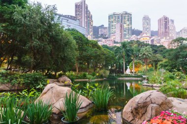 Hong Kong Parkı 'ndaki gökdelenlere karşı yapay gölet.