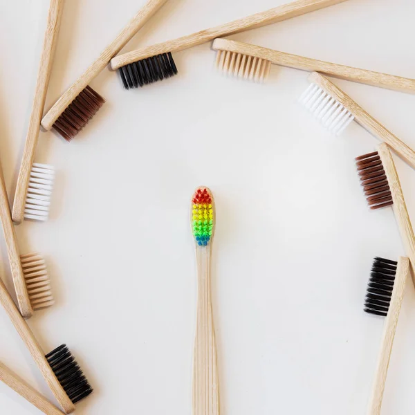 Group Eco Bamboo Toothbrushes White Background Different Color Top View — Stock Photo, Image