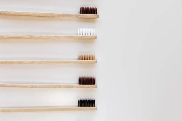 Group Eco Bamboo Toothbrushes White Background Different Color Top View — Stock Photo, Image