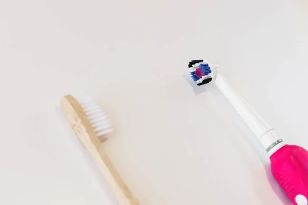 Bamboo Toothbrush Plastic Toothbrush Concept Dental Zero Waste Plastic Concept — Stock Photo, Image