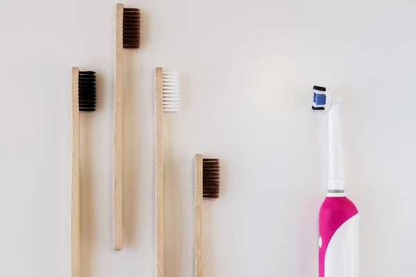 Bamboo Toothbrushes Plastic Toothbrush Concept Dental Zero Waste Plastic Concept — Stock Photo, Image