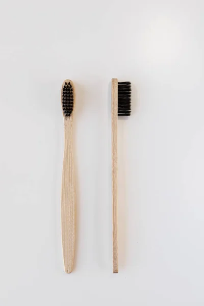 Utsikt Över Bambu Tandborste Framsida Och Sida Vertikal Orientering Tandnoll — Stockfoto
