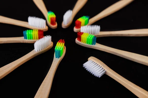 Group White Rainbow Eco Bamboo Toothbrushes Black Background Top View — Stock Photo, Image