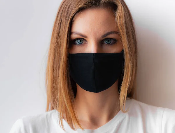 Close Portrait Young Girl Black Medical Mask Blue Eyes White — Stock Photo, Image