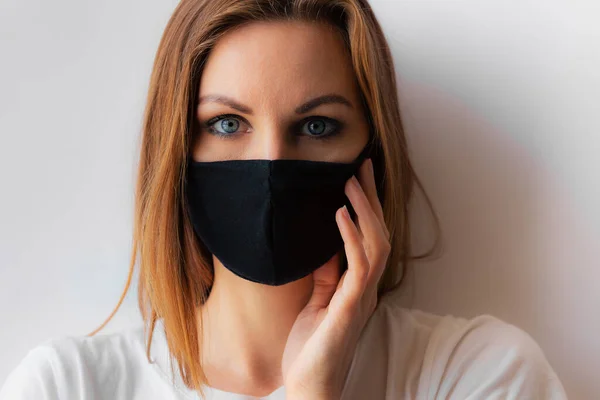 Beautiful Portrait Young Woman Black Medical Mask Blue Eyes White — Stock Photo, Image