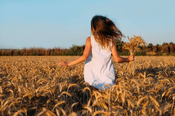 Ung Energisk Flicka Vit Klänning Med Bukett Spikelets Körs Och — Stockfoto