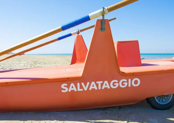 Italian lifeguard rescue rowboat closeup - Rimini Beach