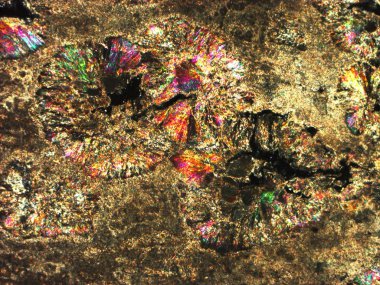  Mikro-çapraz polarize ışık altında jeolojik ince parça fotoğrafı. 