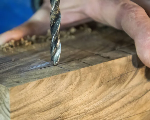 Drill press on wood close up. — Stock Photo, Image