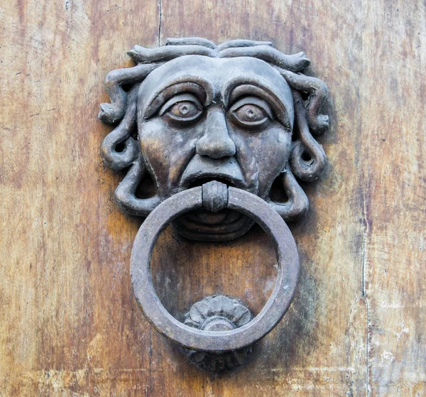 Golpeador de puerta en una vieja puerta wodden . — Foto de Stock