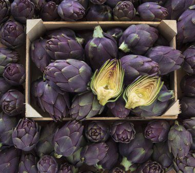  Gıda arka plan. Yeşil ve mor İtalyan enginar