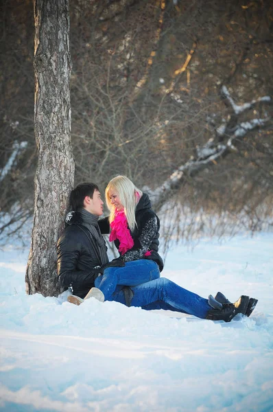 Vrolijke jonge man en vrouw geniet van de winter — Stockfoto