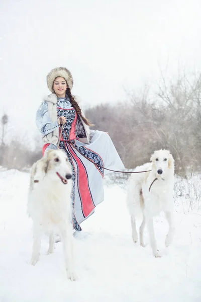 Chica con dos galgos caminando en el invierno — Foto de Stock