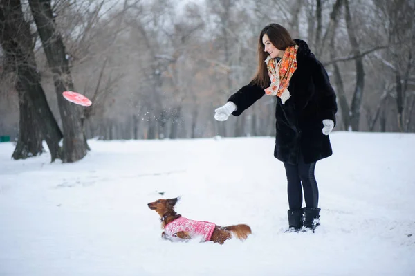 Mujer joven jugando con un perro —  Fotos de Stock