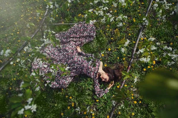 Mooie vrouw in jurk in de tuinen — Stockfoto
