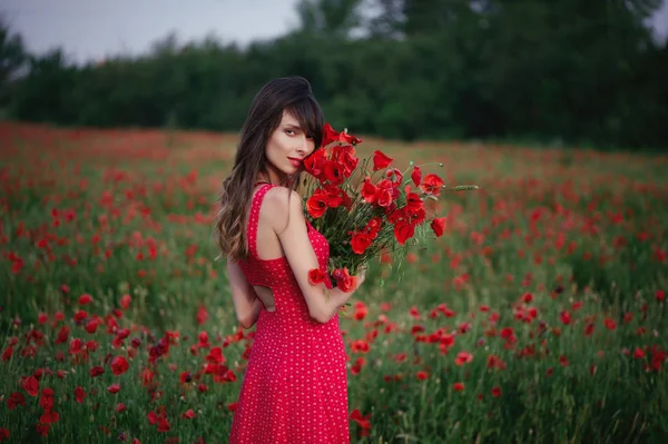 Belle femme dans le champ de pavot — Photo