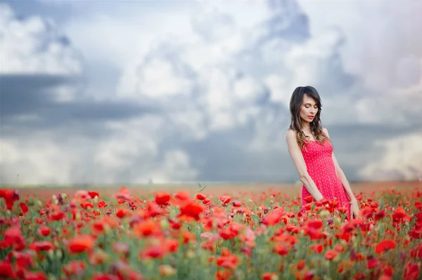 美丽的女人的罂粟场 — Stockfoto