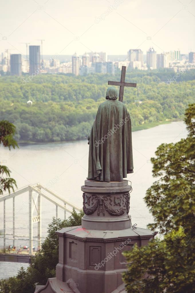 travel to Ukraine - Saint Vladimir Monument in Kiev city and view of Dnieper River in urban park Volodymyrska Hill (Saint Volodymyr Hill, Volodymyrska hirka, Vladimirskaya gorka) in summer