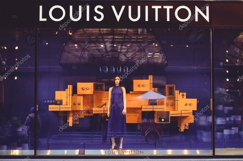 Kiev, Ukraine - June 22, 2017: Shop window with manicure and clothes Louis Vuitton in Kiev