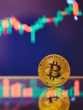 Bitcoin altın sikke ve ufuk grafik arka plan olduğunu. grafik büyüme üzerinde. Sanal Kripto para kavramı. büyüme grafik üzerinde