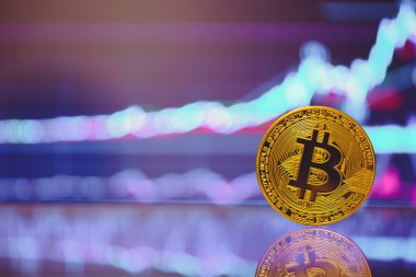 Bitcoin altın sikke ve ufuk grafik arka plan olduğunu. grafik büyüme üzerinde. Sanal Kripto para kavramı. büyüme grafik üzerinde