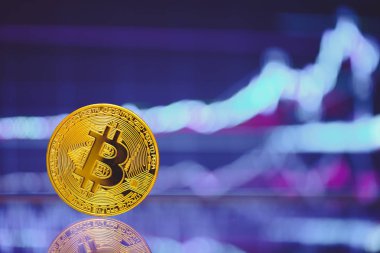 Bitcoin altın sikke ve ufuk grafik arka plan olduğunu. grafik büyüme üzerinde. Sanal Kripto para kavramı. büyüme grafik üzerinde