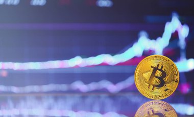 Bitcoin altın sikke ve ufuk grafik arka plan olduğunu. grafik büyüme üzerinde. Sanal Kripto para kavramı. büyüme grafik üzerinde