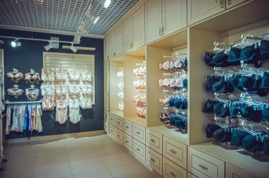 renkli modern iç çamaşırı Dükkanı iç. Külot ve sütyen ve bir alışveriş merkezi tribünlerde kadın manken. Rahat ışık. Müşteri harcamaları, yumuşak sesi